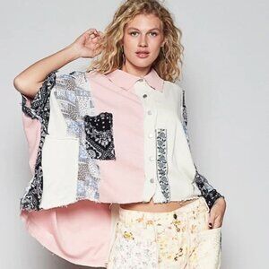 054 POL Oversized Patchwork Chambray Printed Top NEW Size Large